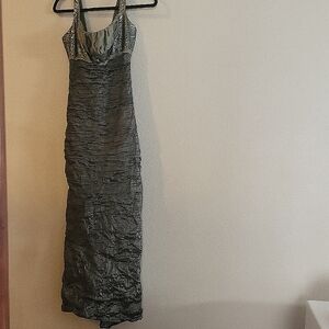 Vintage Nicole Miller Olive Green Lurex Floor Length Ruched Mermaid Gown